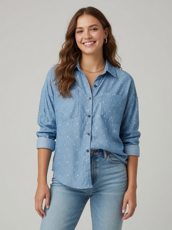 heyson Tops - Heyson blue button front shirt white stars